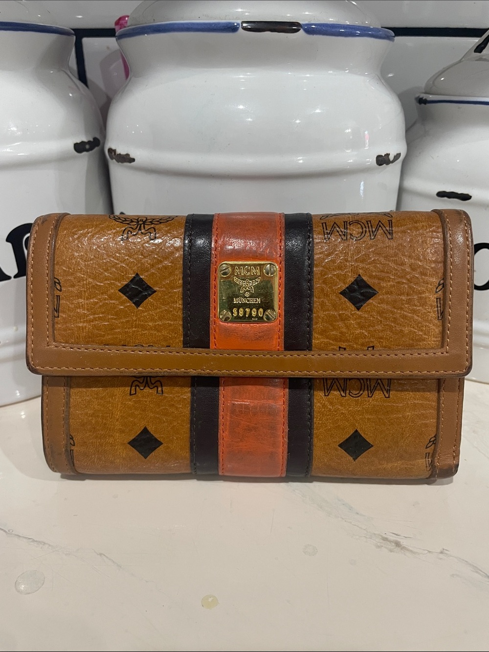MCM Cognac Brown Trifold Wallet with Orange & Black Stripe